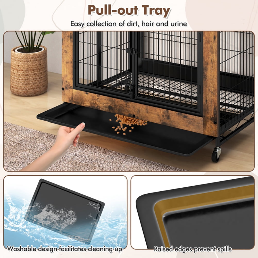 Spaco Industrial Dog Kennel Dog Crate Furniture with Storage Shelves, 2-in-1 Crate with Storage, Rustic Brown