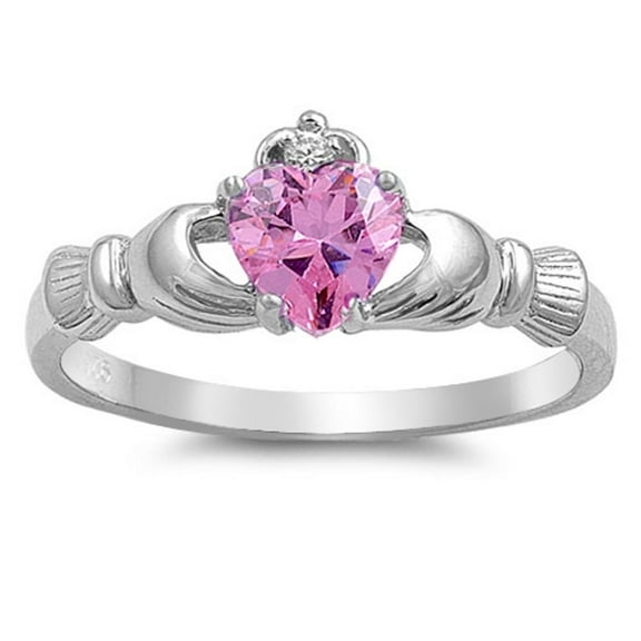 CHOOSE YOUR COLOR Pink CZ Heart Claddagh Promise Ring .925 Sterling Silver Band Female Size 4