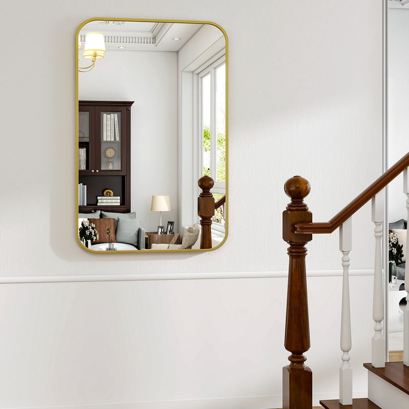 Easy4Home 28"x20" Rectangular Bathroom Mirror Hanging Rounded Corners Vanity Mirror Wall Mounted, Gold