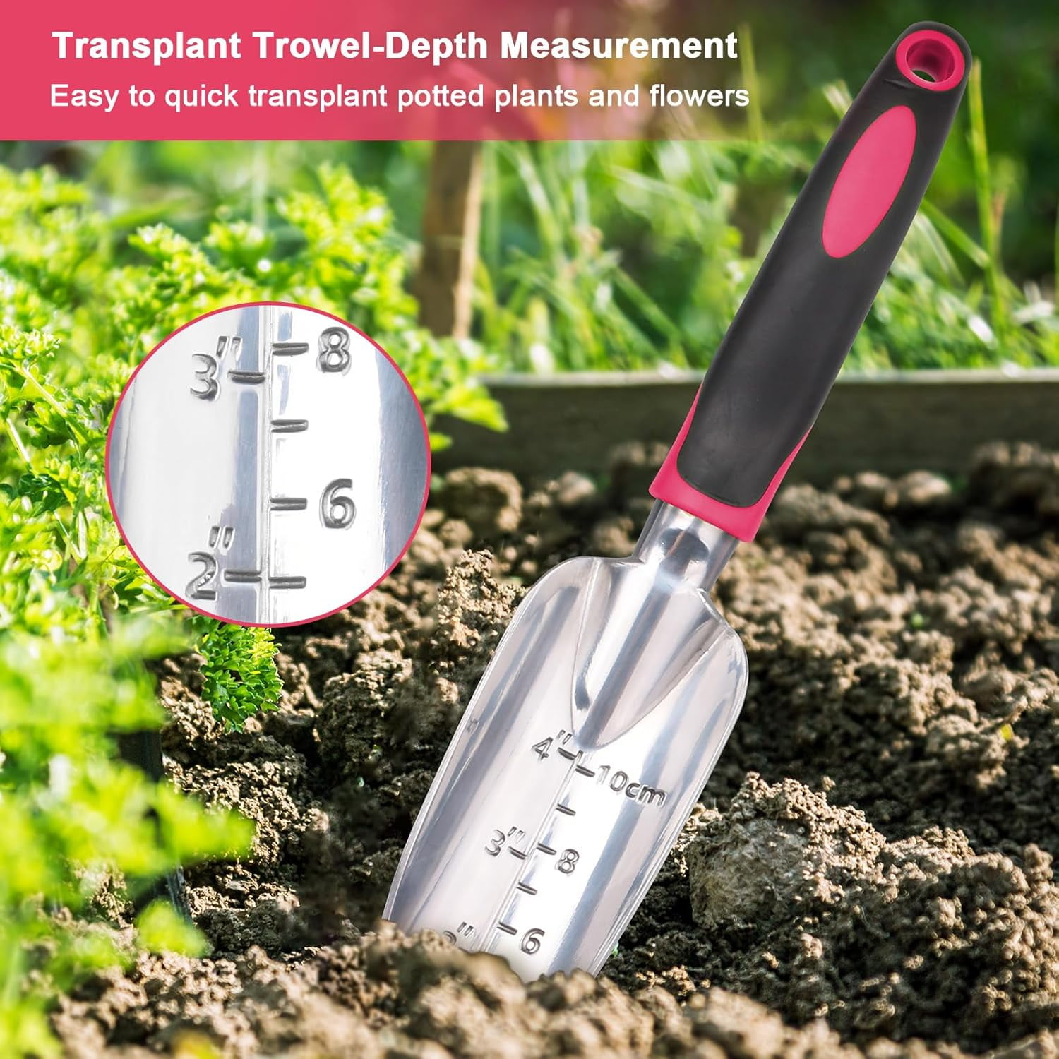 Garden Tools Set, 3 Pack Heavy Duty Gardening Tools Set Include Garden Shovel, Transplant Trowel and Hand Rake with Ergonomic Handle, Aluminum Alloy Lawn for Planting Tools, Red
