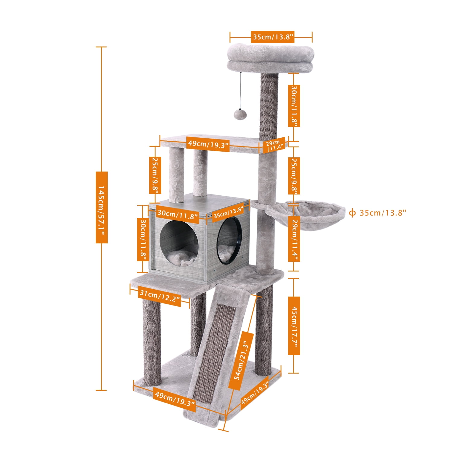 Kadyn 57" Cat Tree Condo, 4 Levels Platform Cat Tower for Large Cats with Fully Scratching Posts, Hammock, Padded Perch Cat Tower for Indoor, Gray