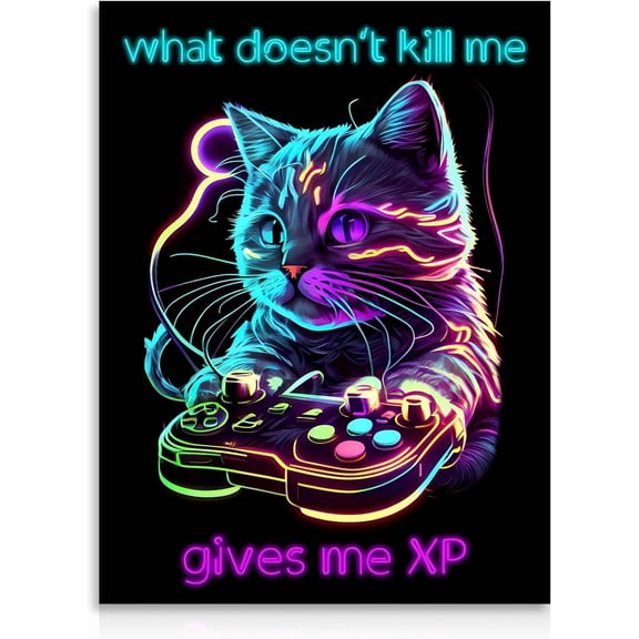 Funny Cat Canvas Wall Decor, Game Room Wall Art Poster Cyberpunk Cool Gaming Canvas Poster for Bedroom Teen Boy Room Decor 12×16 in Unframed