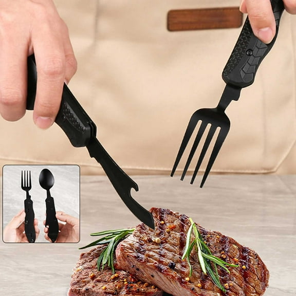 Outdoor Folding Cutlery, Gaqring 4-in-1 Portable Camping Utensil Set, Detachable Stainless Steel Knife Fork Spoon Bottle Opener Compact Picnic Gear, Black