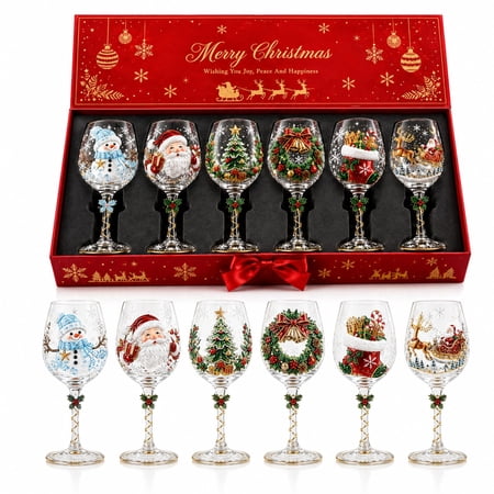 Christmas 3D Wine Glass Collection Gift Box Set, 3D Santa Christmas Wine Glass, Raised Holiday Goblet with Snowflake Decor, Festive Glassware for Wine, Cocktails, Holiday Party & Table Decor