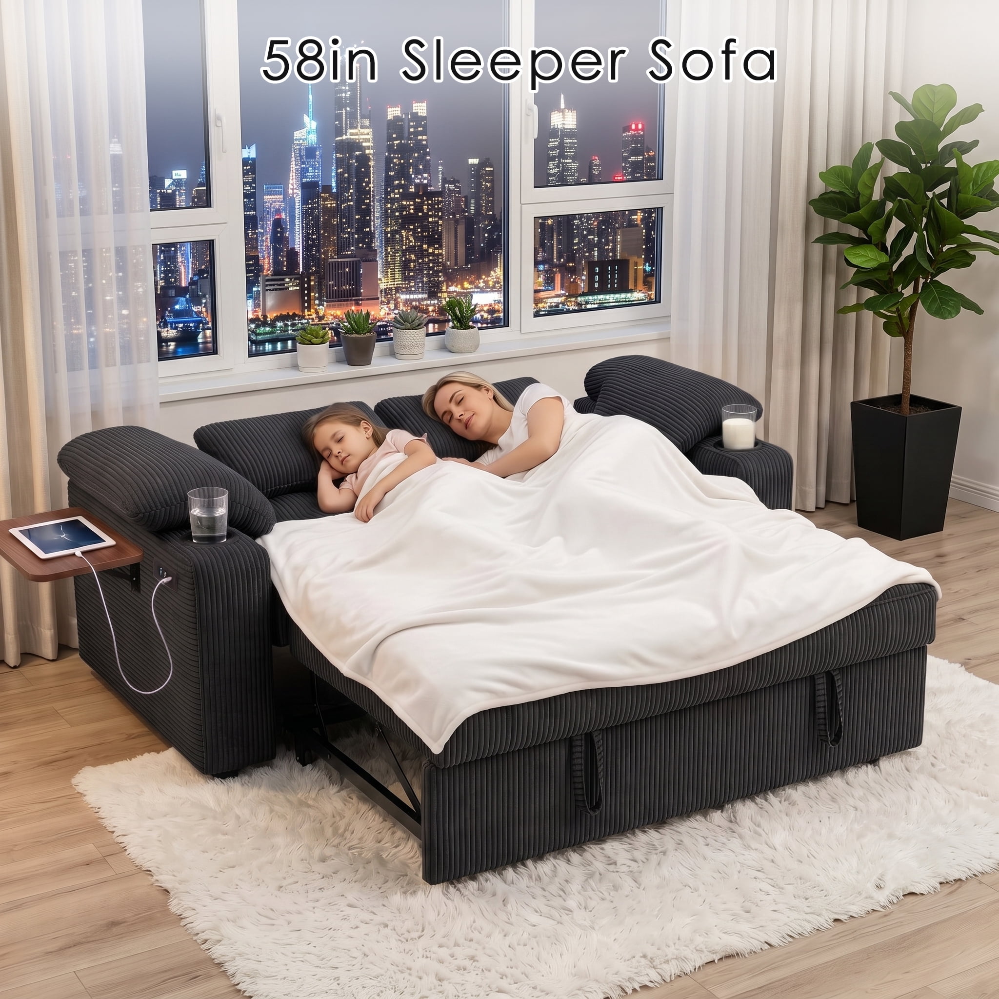 58" Convertible Sleeper Sofa Bed, Full Size Pull Out Couch with USB Charging, Cup Holders, Side Table, Adjustable Backrest, Corduroy Loveseat for Living Room, Apartment, Office (Black)