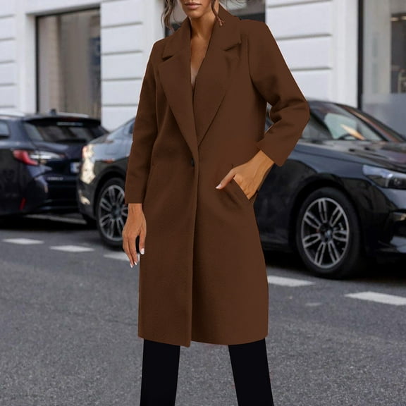 Women's Winter Medium Length Woolen Coat Solid Color Long Sleeve Casual​​