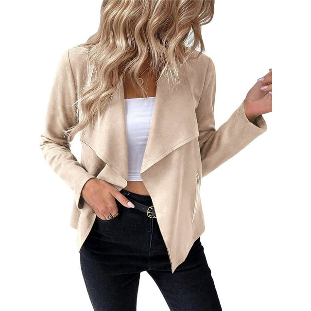 Chaquetas de Ante Sintético para Mujer, Ropa de Moda de Otoño, Larga, Frente Abierto, Abrigo Corto, Prenda Exterior Color Albaricoque L