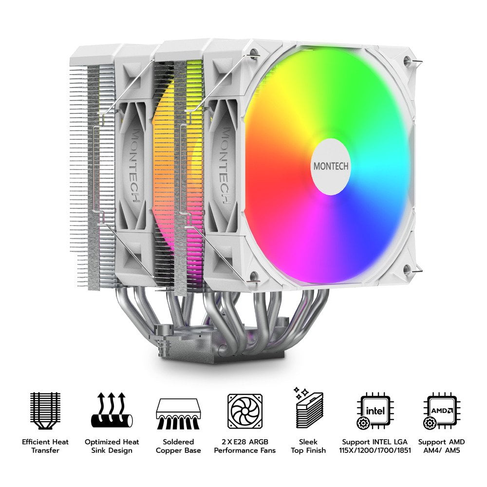 MONTECH NX600 ARGB Dual-Tower CPU Air Cooler with 6 Heatpipes & Premium Top Cover, White