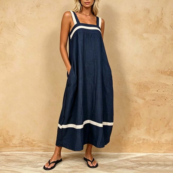 QUNYINEY Casual Summer Dresses for Women Striped A Line Long Sleeveless Sundress Square Neckline Loose Fit with Pockets Dresses