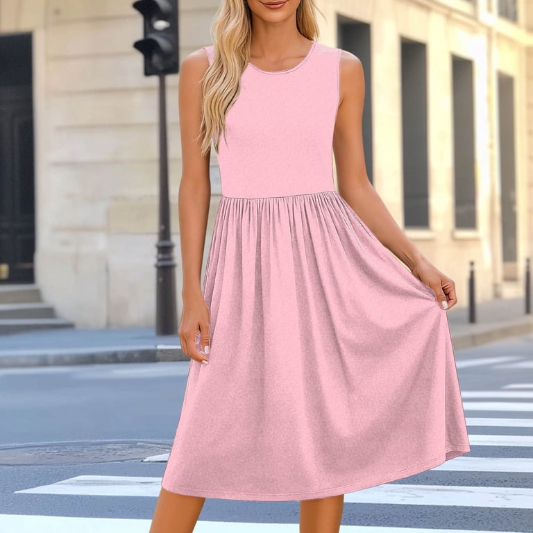 VBVC Women's Crew Neck Sleeveless Midi Dress , Ladies' Empire Waist Pleated A-Line Dress , Summer Casual Flowy Sundress For Women,Blue,S-2XL