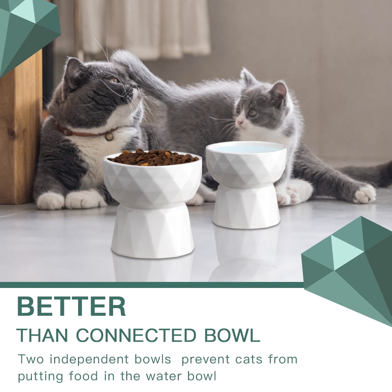 Frewinky Cat Bowls,Ceramic Cat Bowls Anti Vomiting,Raised-Cat Food and Water Bowl set for Cats and Small Dogs,13.5 Oz，White