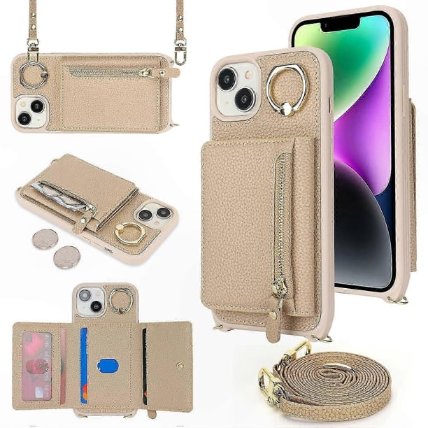 Litchi Texture Card Bag Leather TPU Crossbody Phone Cover with Ring Kickstand for 14/13