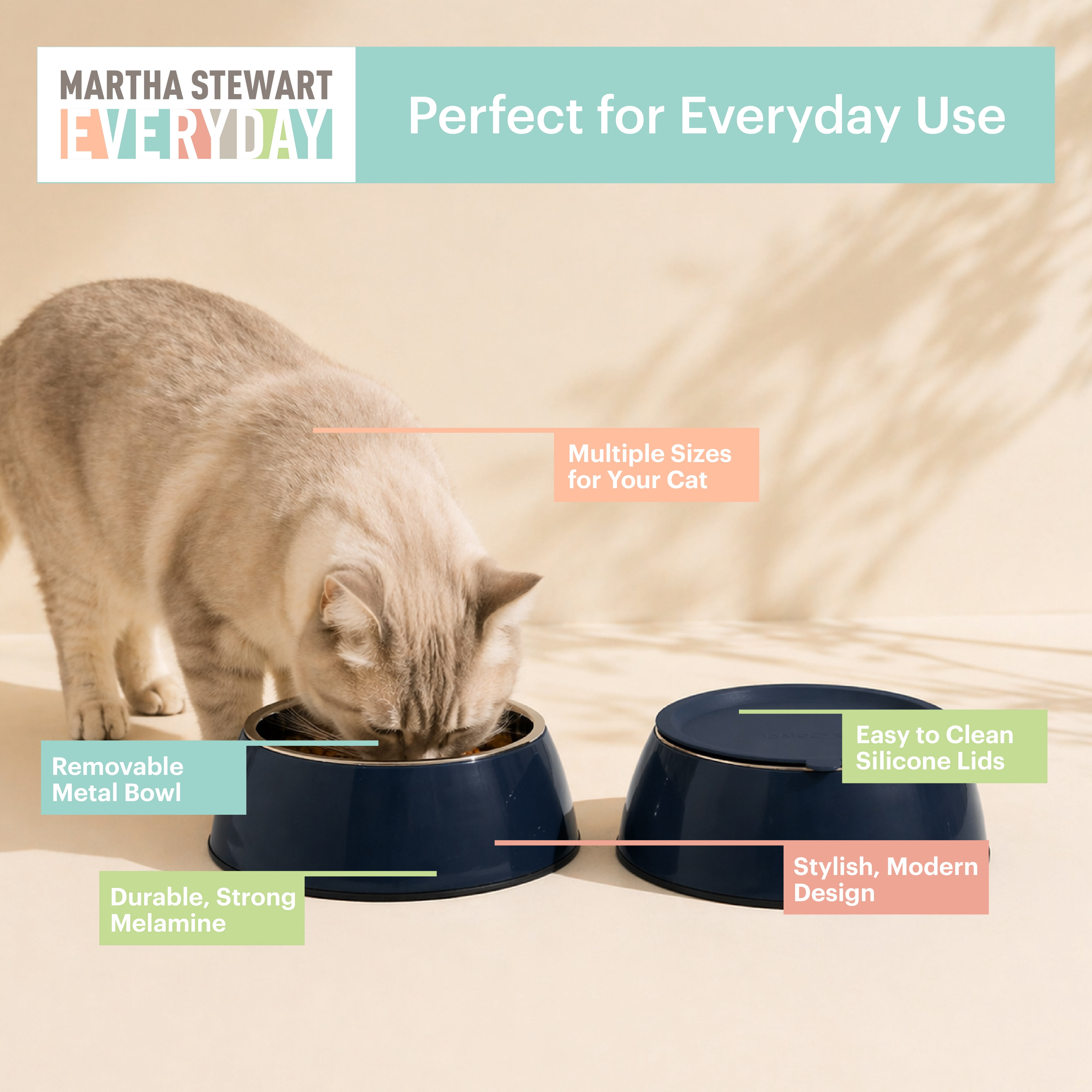 3 in 1 Melamine Cat Bowl Set with Lid in Navy Small