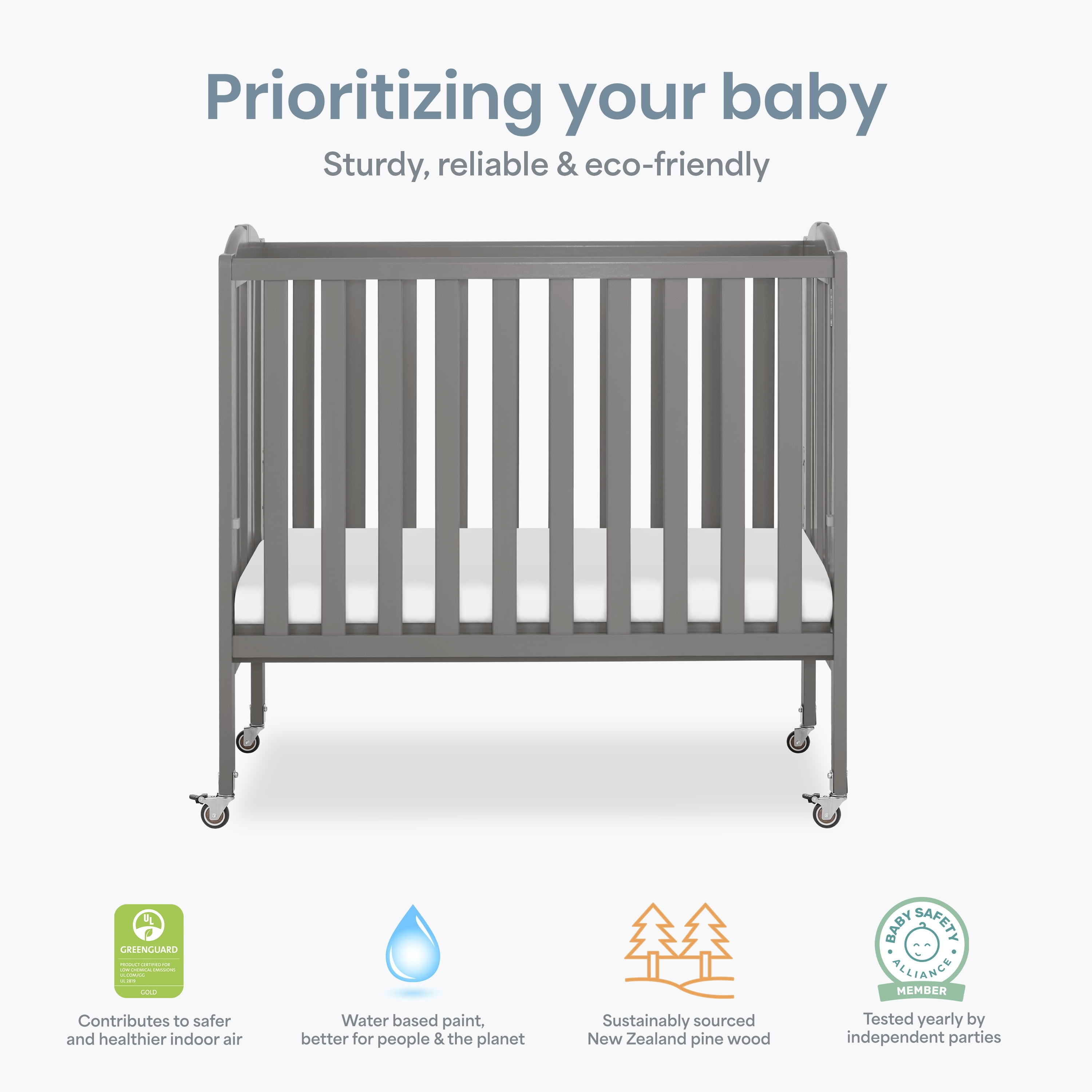 Dream On Me 2-in-1 Folding Portable Mini Crib in Storm Grey, Mattress Pad Included, Easy to Fold and Store Baby Crib, Two Adjustable Mattress Height positions Convertible Crib