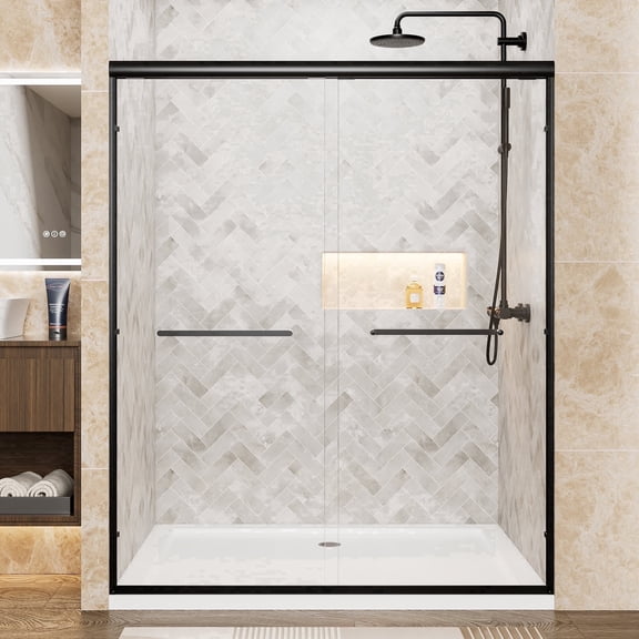 KPUY 56" - 60" x 72" Framed Double Sliding Shower Door with 1/4" Clear Tempered Glass, Explosion-Proof Film, Matte Black