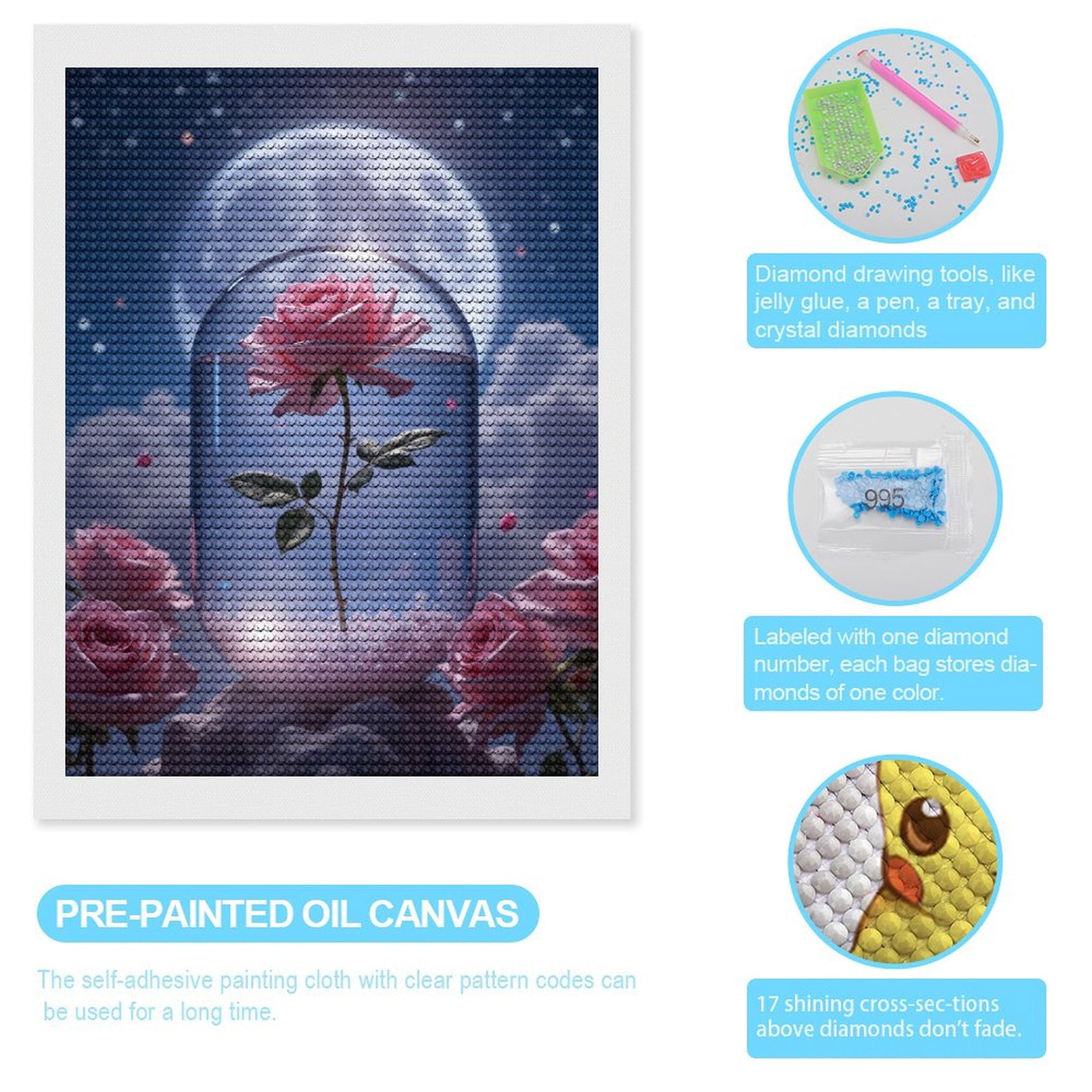 Diamond Art Kits for Adults, Moonlit Enchanted Rose Under Glass 5D Diamond Painting Kits for Adults Beginners, DIY Full Drill Diamond Painting, Gem Art and Crafts 12x16