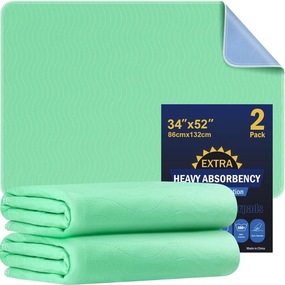 2 Pack 34” x 52” Extra Heavy Absorbency Washable Underpads, Waterproof Quick Drying Nursing Pads Incontinence Bed Pads, Reusable Washable Pee Pads for Dogs, Diaper Changing & Adults