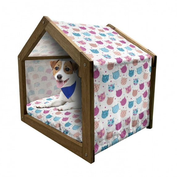 Feminine Pet House, Cat Heads Silhouettes with Stars Dots and Stripes Checked Patterns Patchwork, Outdoor & Indoor Portable Dog Kennel with Pillow and Cover, 5 Sizes, Fuchsia and Blue, by Ambesonne