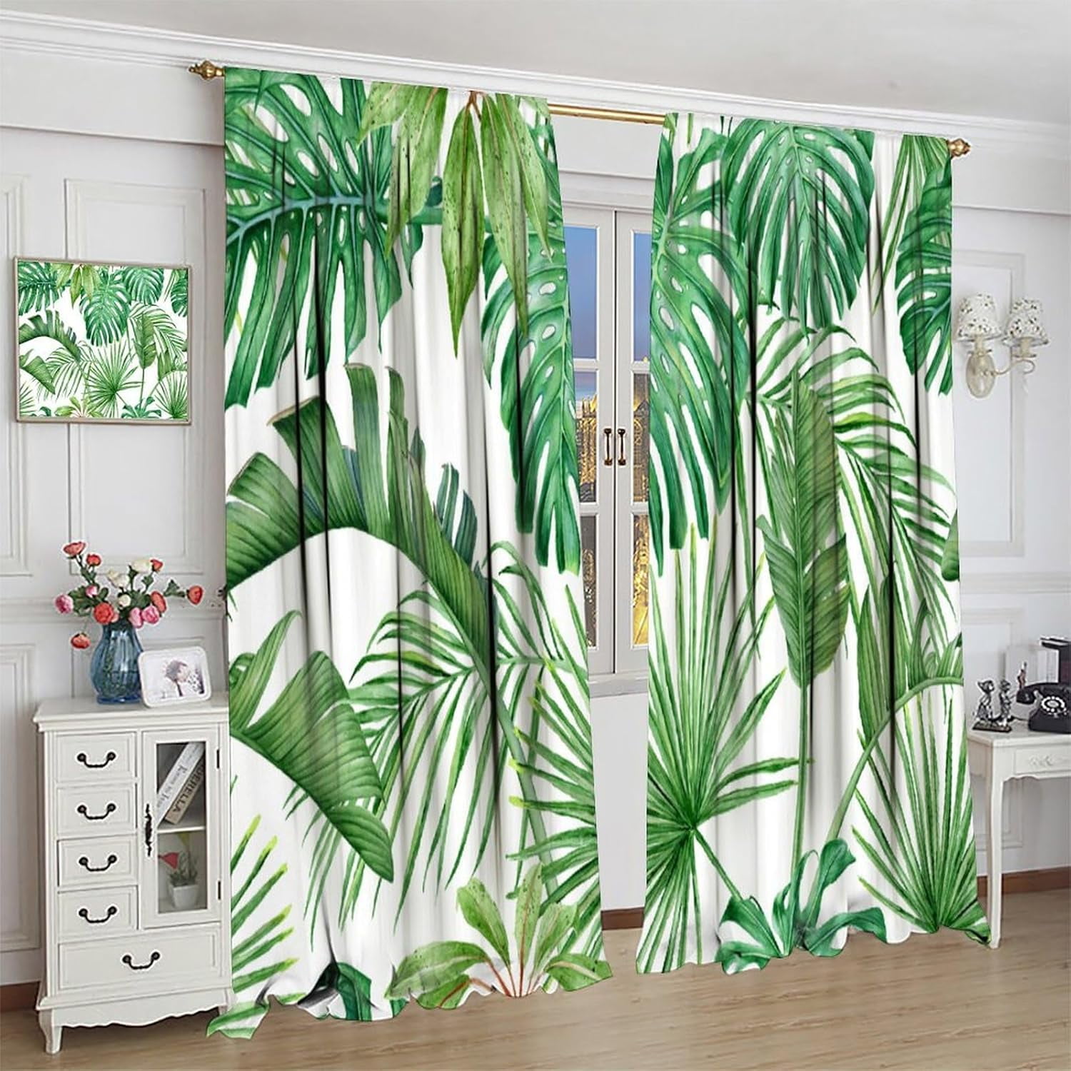 Tropical Green Plant Curtain Botanical Banana Leaf Palm Tree Blackout Print Rod Pocket Window Drapes for Bedroom Living Room 52x84in