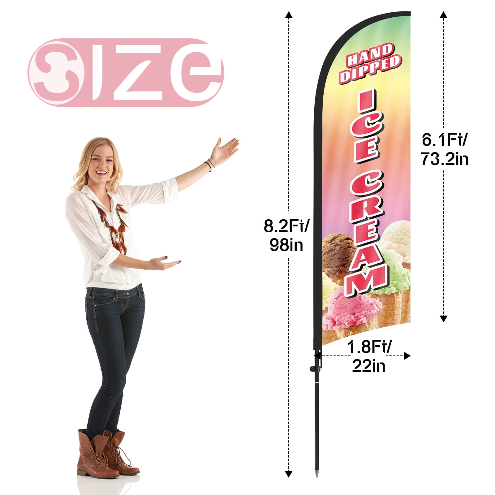 QSUM Ice Cream Feather Flag with Flag Pole Kit and Ground Spike, 8.2FT Ice Cream Windless Flag Banner Sign Business for Outdoor Advertising Sign Decoration Display