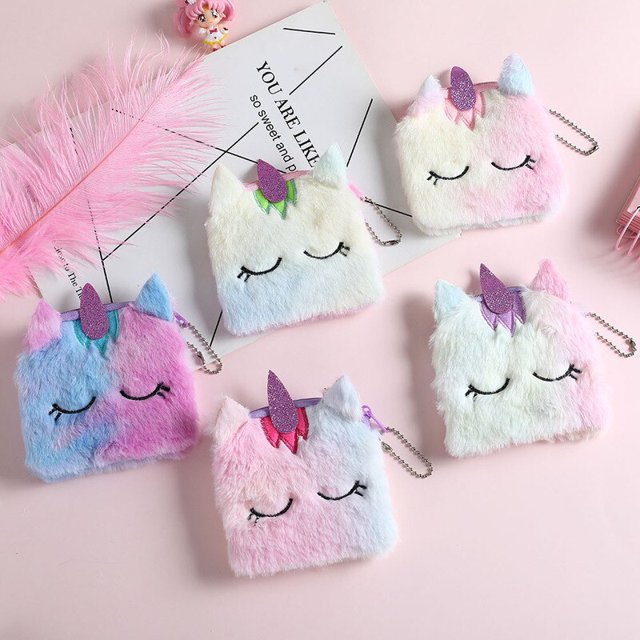 Soft Plush Cartoon Unicorn Toy Women Coin Purse Mini Cute Zipper Children Girl Wallet Card USB Cable Bag Key Wallet Kids GiftsBlueChina He Qiyong unisex