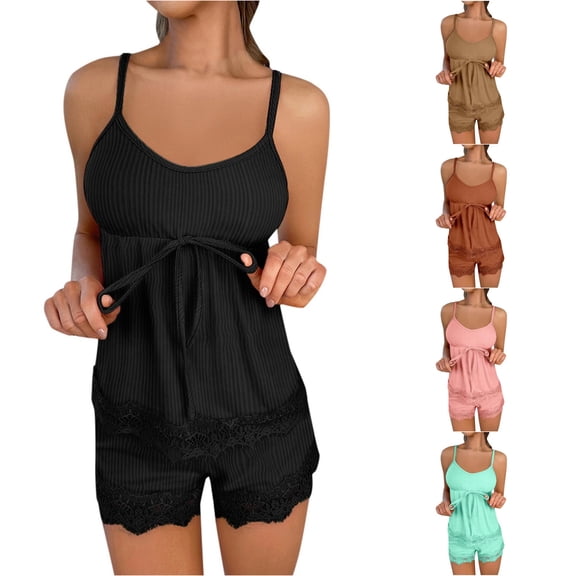 SONXAHE Women Ribbed Lace Cami Short Pajama Set