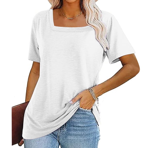 Fiudx Ofertas Flash Artículos En Oferta Top de Manga Corta con Cuello de Color Liso para Mujer Top con Cuello de Manga Corta