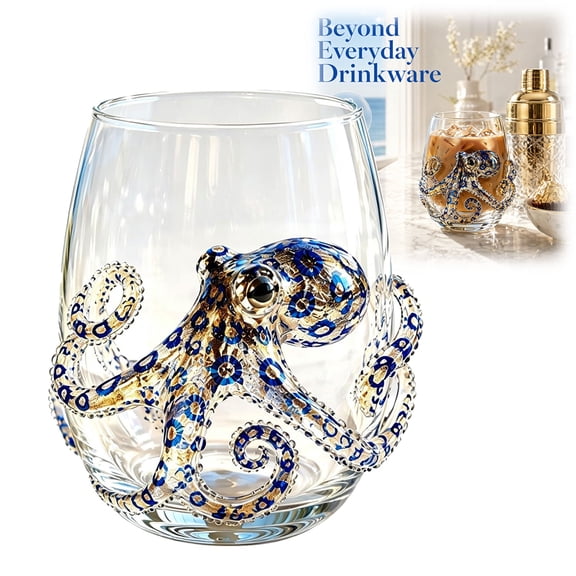 Octopus Wine Glass โ 3D Ocean Animal Artisan Stemless Glassware, Blue Ringed Octopus Design, Coastal Home Decor Bar Gift๏ผ1PC๏ผ