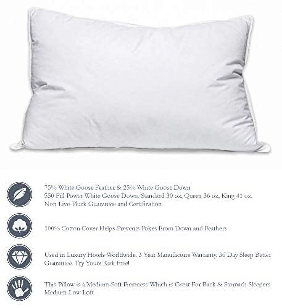 White Goose Down Pillow - 100% Cotton Cover Pillows 75% Feather & 25% Down 550 Fill Power