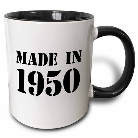 

3dRose Made in 1950 - funny birthday birth year text - fun black bday stamp with year you were born - humor Two Tone Black Mug 11oz