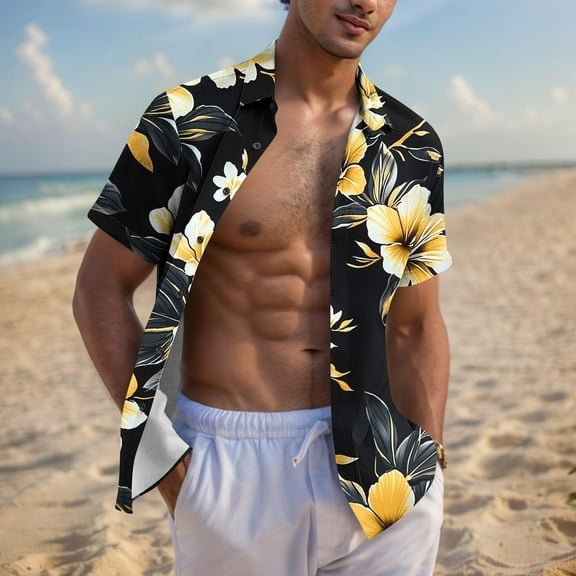 JXMVOJ Lightweight Non-Shrink Fade-Resistant Men's Casual Print Short Sleeve Button-Up Shirt, Summer Outdoor Casual Daily Wear, Unisex Turndown Collar Floral Blouse
