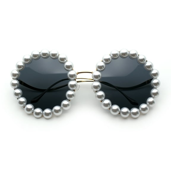Womens Pearl Bling Round Circle Oversized Metal Rim Wave Arm Sunglasses Gold - Black