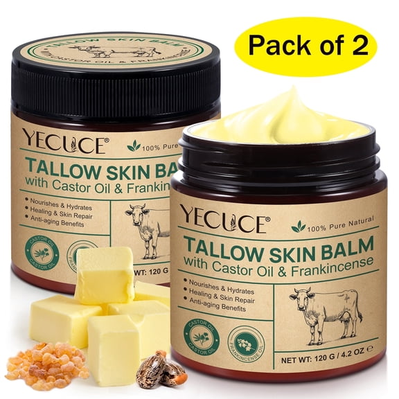 Castor & Frankincense Tallow Skin Balm 2 Pack,100% Grass-Fed Grass Finished Beef Tallow,Face & Body Moisturiser for Dry Sensitive Skin