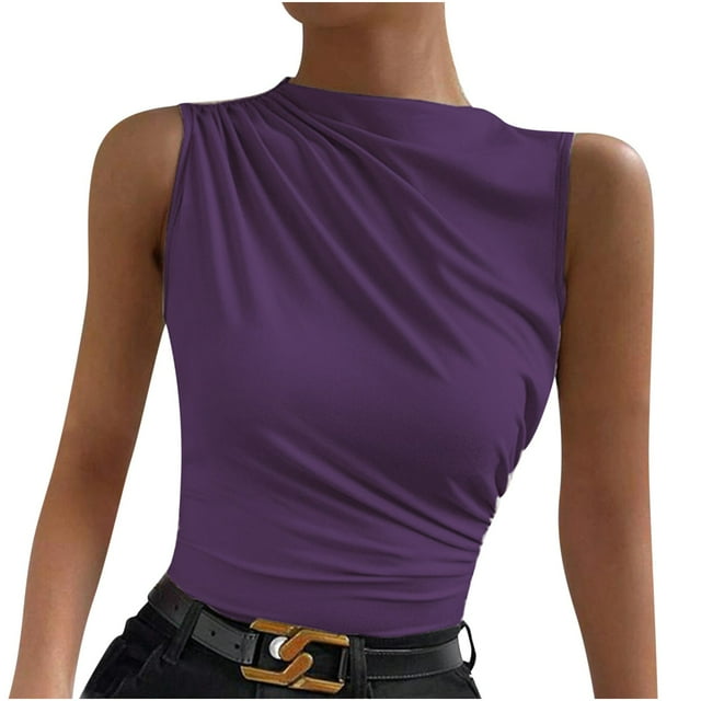 Plebaso Women's Tank Tops High Neck Ruched Sleeveless Shirts Slim Casual Basic Tees Tops for Going Out