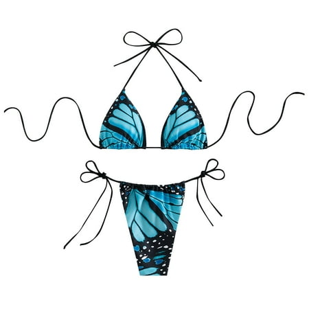 Women s Butterfly Print Triangle Bikini Set Adjustable Halter Top and Tie Side Bottoms for Beach and Pool Swimsuits Womens Bathing Suits 2025 Blue M