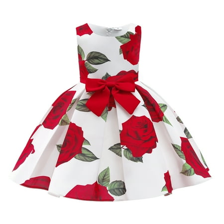 

NZRVAWS 4T Toddler Baby Girls Princess Dress Rose Print Bow Sleeveless Round Neck Dress 1PCS Princess Dress 4-5T White