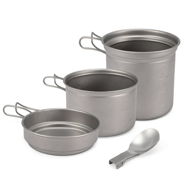 Camping Titanium Cookware Set 1000ml 750ml Pot Pan Spoon Set for Outdoor Camping Hiking Backpacking Picnic Cooking Equipment