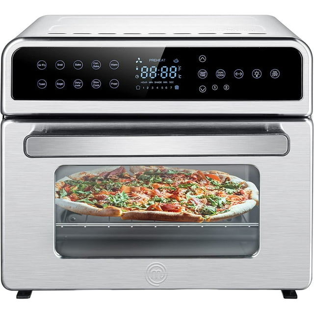 horno freidora de aire masterchef mk-af88o-20sdt acero inox con panel touch y pantalla LED frontal, carcasa plateada de acero inoxidable y ventana que muestra una pizza en la rejilla interior; capacidad 22 L, incluye canasta giratoria, 2 rejillas de flujo de aire y rostizador; funciones para freír con aire, hornear, tostar y deshidratar, y apto también como horno compacto para recalentar y tostar en cocinas pequeñas.