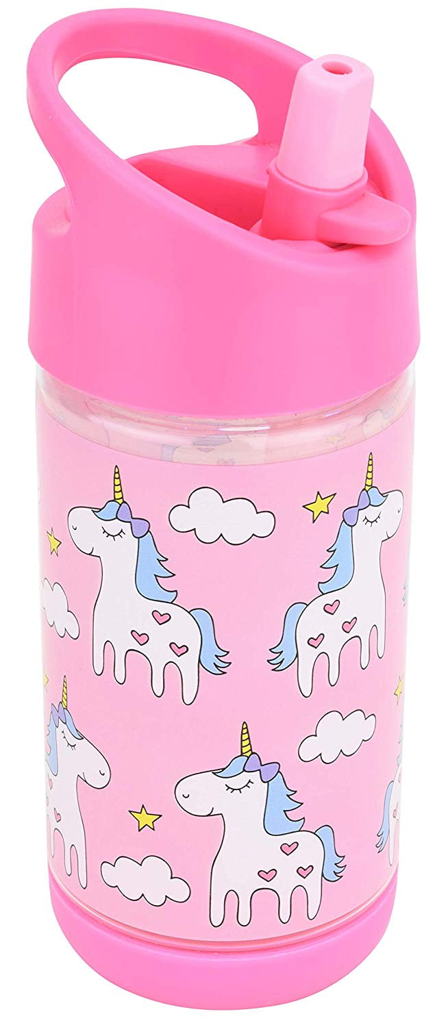 PINK RAINBOW UNICORN 400Ml PLASTIC WATER SPORTS DRINKS LUNCH BOTTLE WITH STRAW 