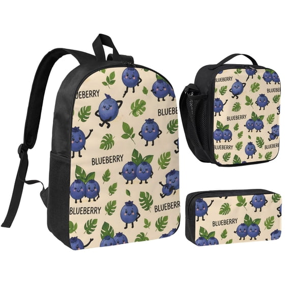 Cute Blueberry Fruit Backpack Set 3pc Including Backpack, Lunch Bag and Pen Bag Combination