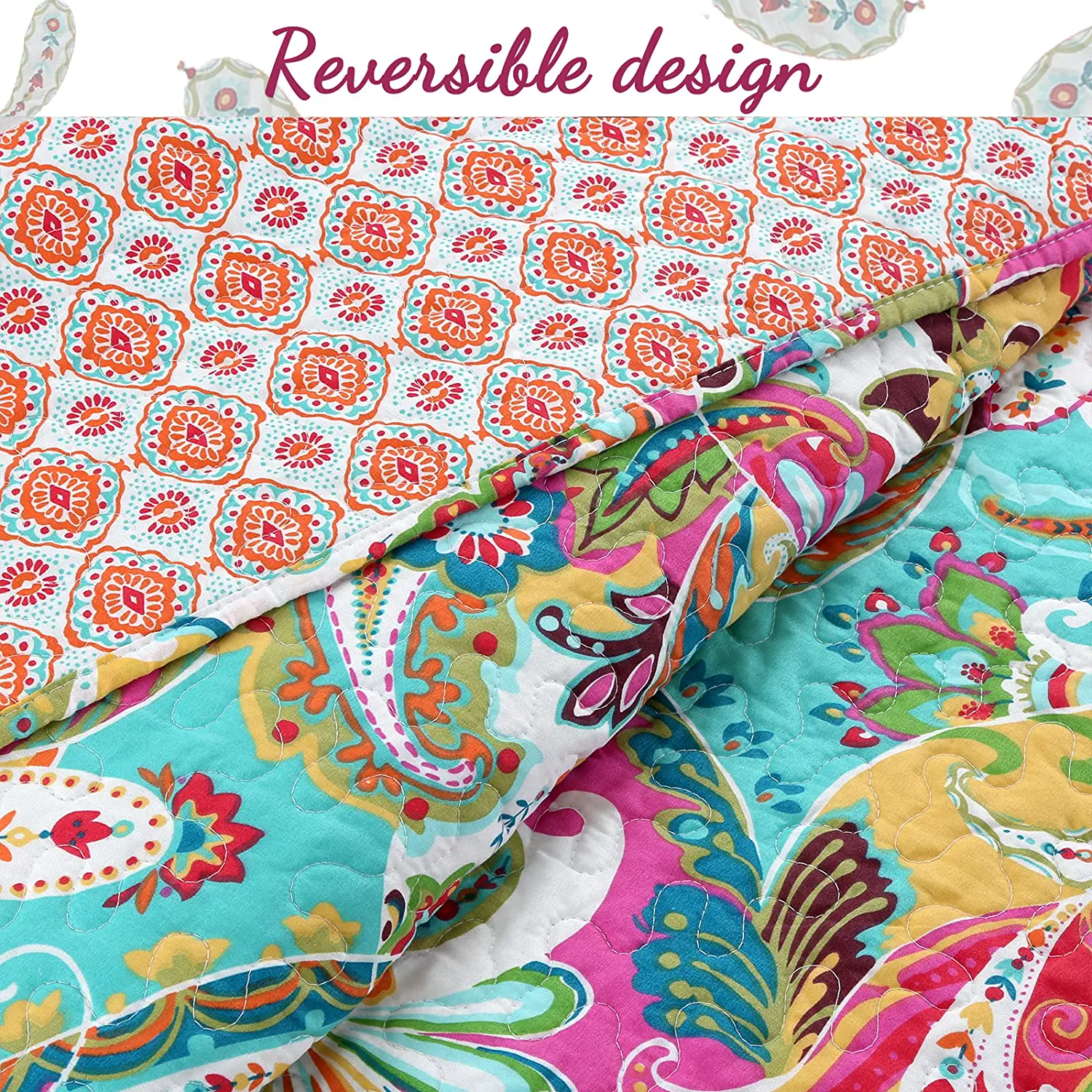Cozy Line Home Fashions Flourish Colorful Floral Reversible 3-Piece Quilt Bedding Set Queen