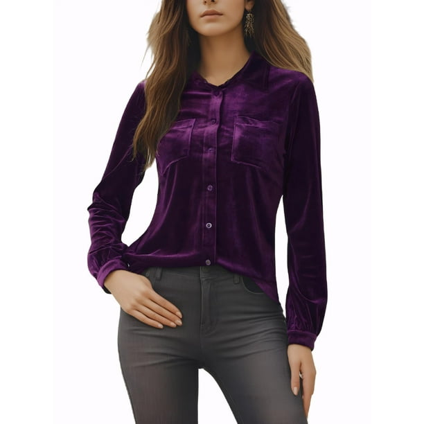 Camisa de terciopelo de manga larga con botones y bolsillo frontal para oficina de INSPIRE CHIC para mujer XL púrpura oscuro