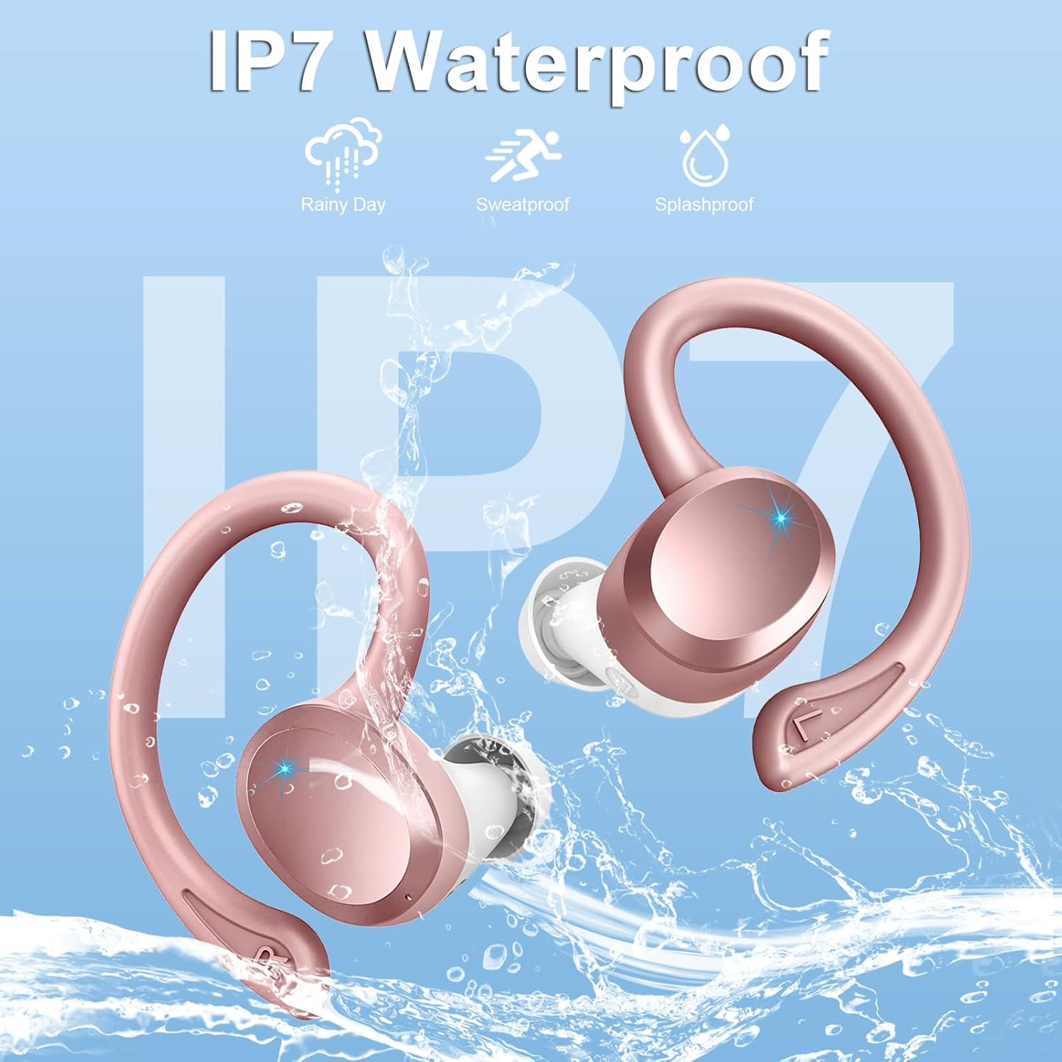 Wireless Earbuds Hi-Fi Bass Stereo 56H Noise Cancelling IPX7 Waterproof Sport Earphones with Earhook-Rose Gold