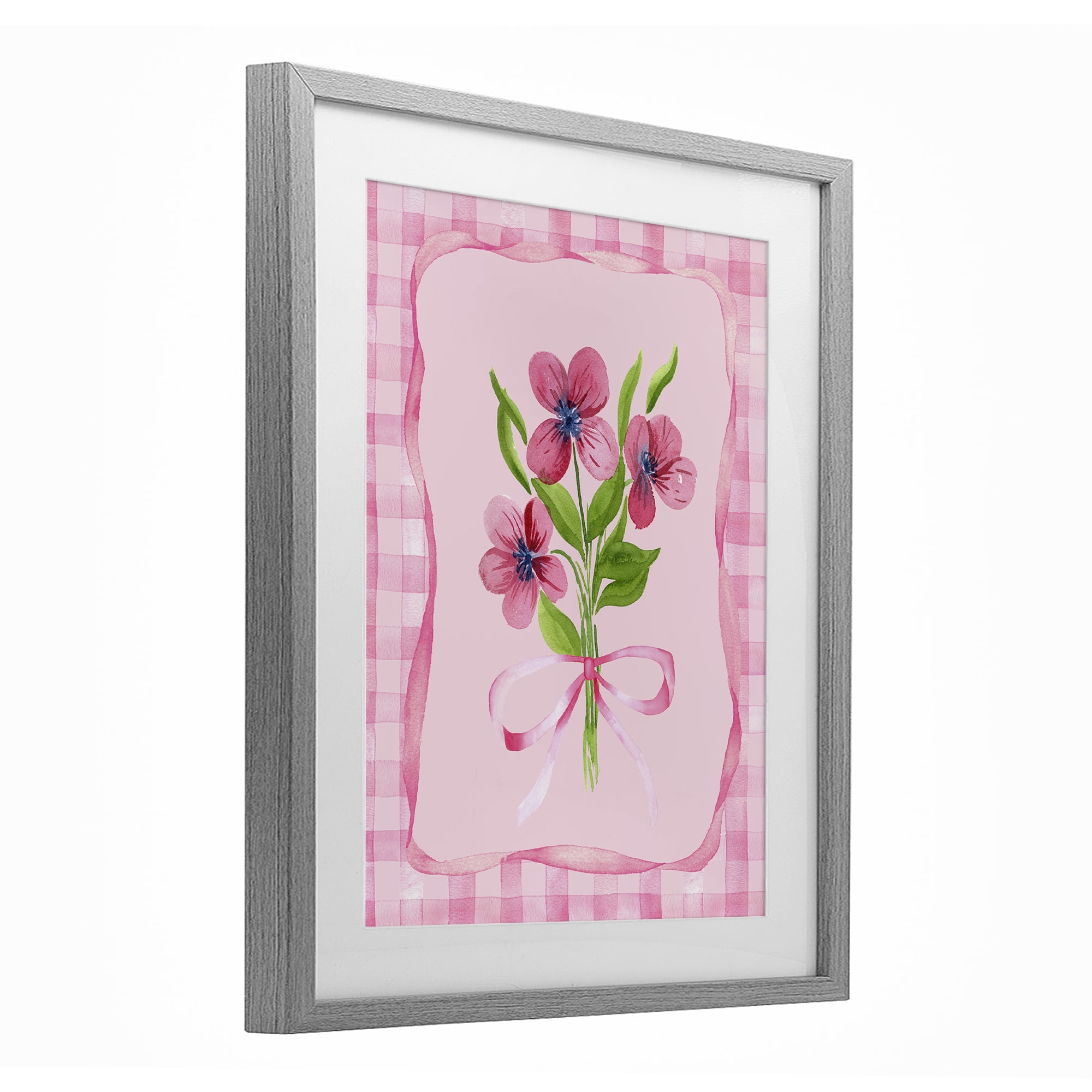 Pink Bordered Flower Bundle Gray Framed Print Under Glass, design by Nina Jacobs