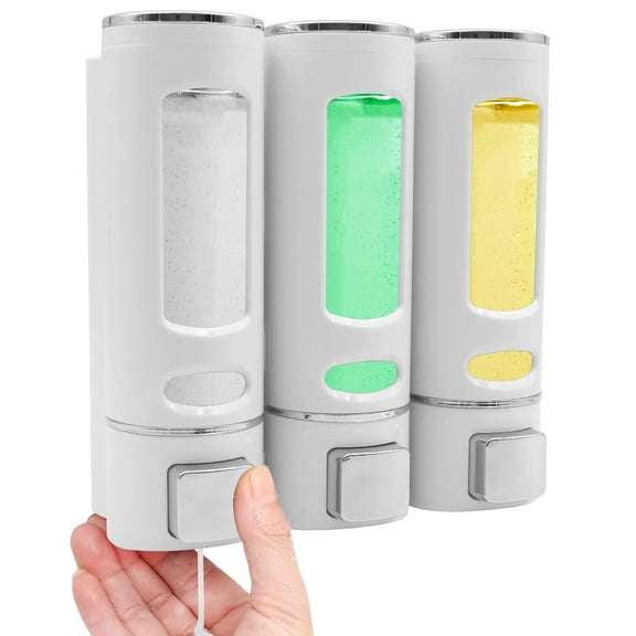 VEGCOO White Three-Head Soap Dispenser – Manual Pump Shampoo and Conditioner Dispenser (Including Punch-Free Sticker, Screwdriver, Label, Suitable for Bathroom Wall, Hotel Shower)