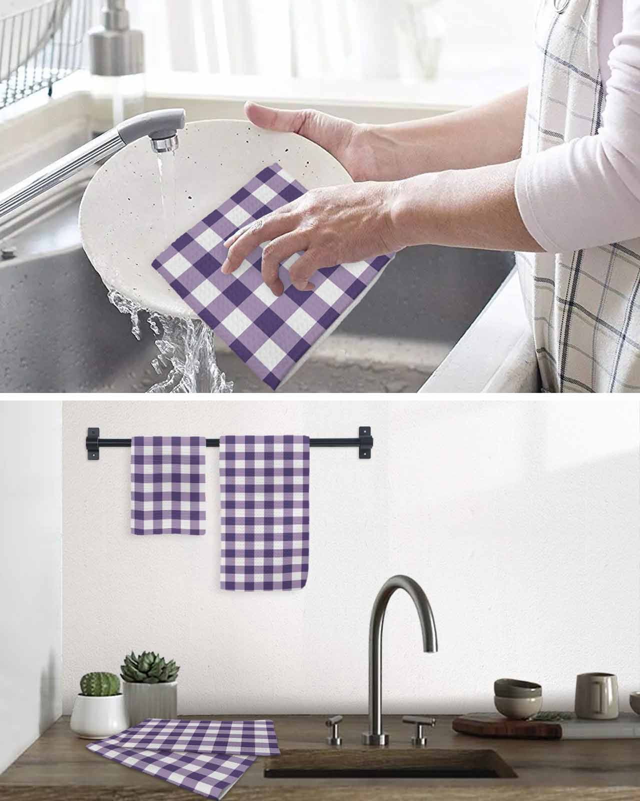 Purple Checkered Kitchen Dish Towels for Drying Dishes Set of 4, Farmhouse Buffalo Plaid Waffle Weave Microfiber Hand Tea Bathroom Towels Quick Dry & Absorbent Towel 15.7x23.6