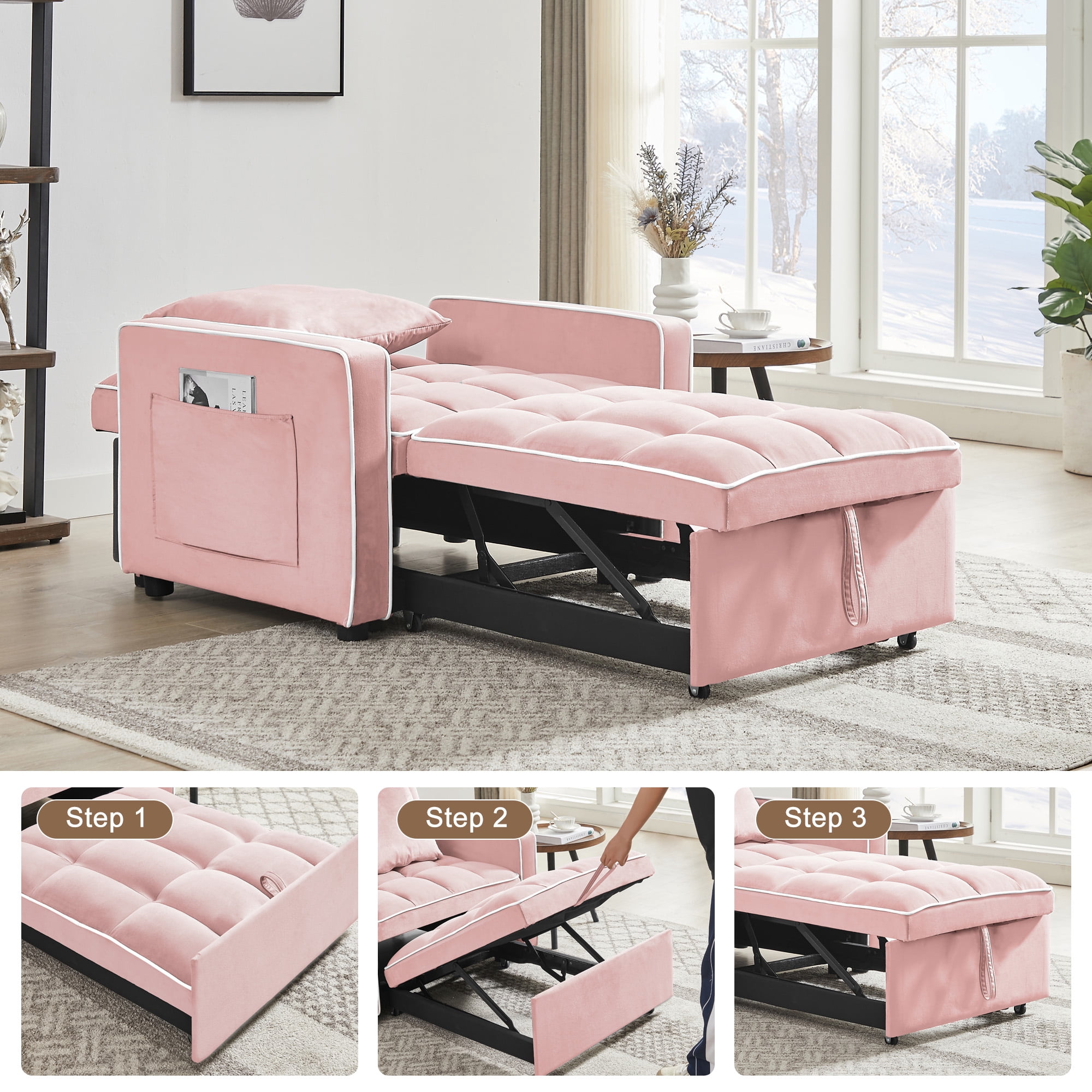 Aukfa Sleeper Chair Bed, Convertible Pull Out Sofa Bed for Living Room Apartment, Pink