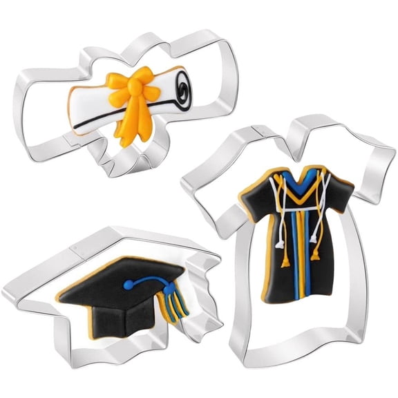 Wiywef 3 Pcs Graduation Cookie Cutters, Stainless Steel Graducation Cap Diploma Graduation Gown Dress Biscuit Cutter Cookie Mold for Graduation Party
