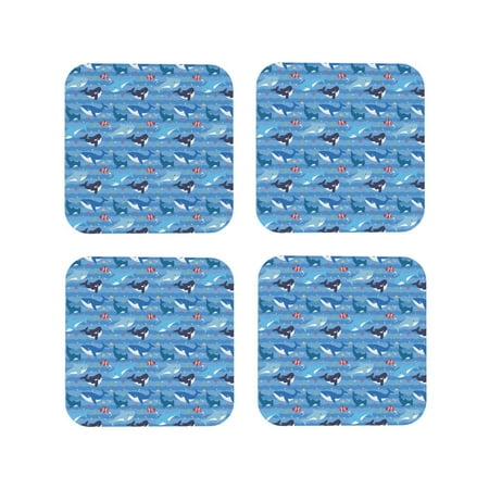 

Pofeuu Blue Fish Print Coasters for Drinks 4Pack PU Leather Coasters Bar Drink Coasters for Tabletop Protection Furniture from Damage-Square