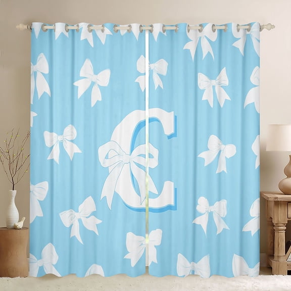Homewish Kawaii Bow Letter C Black Out Curtains for Girl, Blue Cartoon Monogrammed Curtains Pack of 2 (42x63 Each), Cute Princess Bow-tie Bedroom Curtains, Curtains and Drapes Bedroom Decor